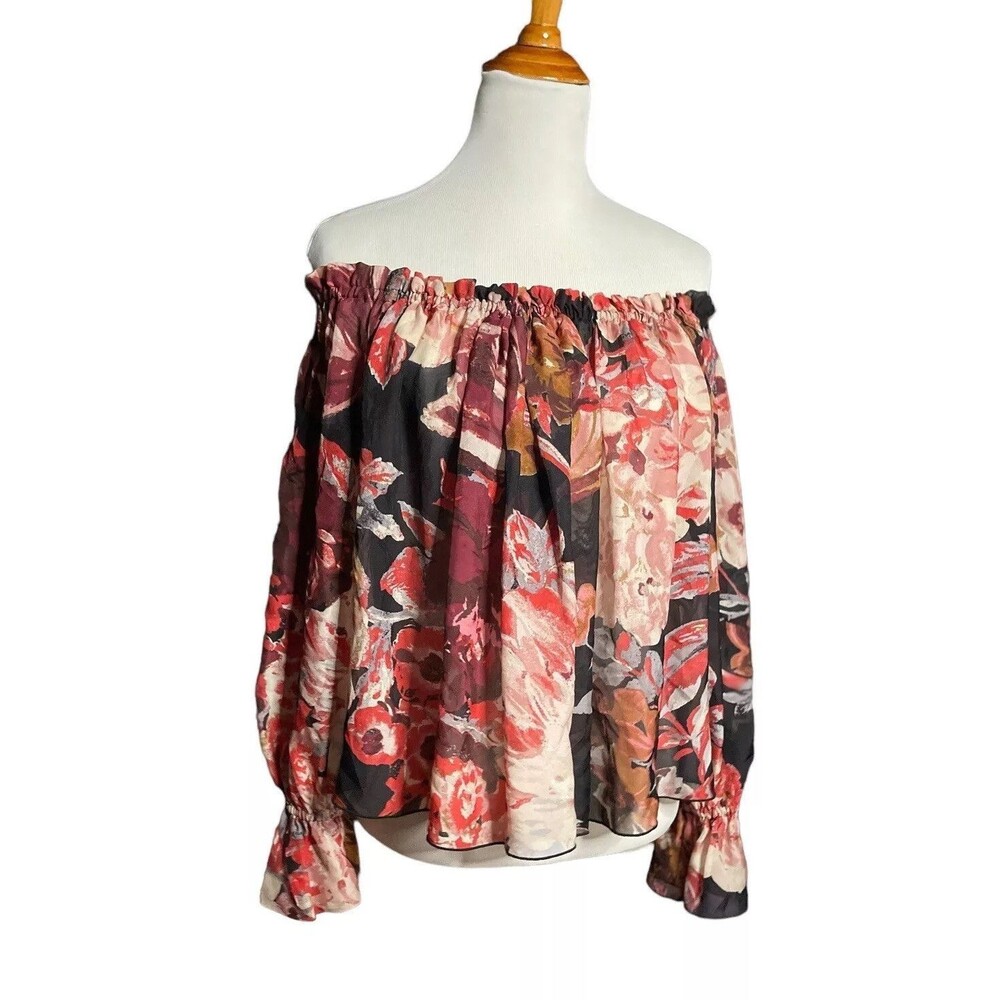 Elizabeth & James XS 100% Silk Off-Shoulder Top Balloon Sleeve Floral Pink Black